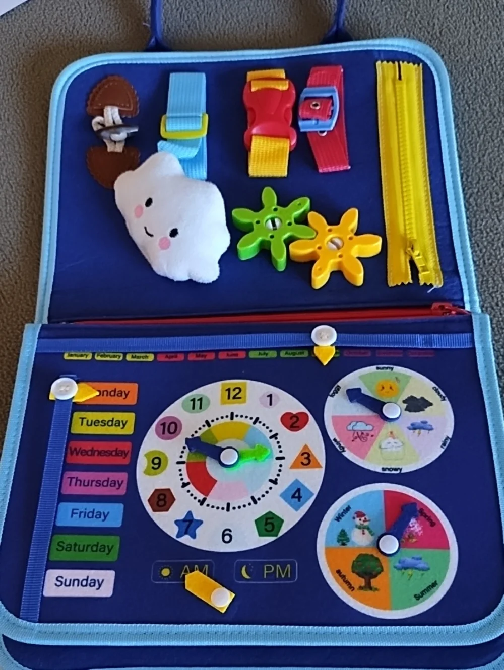 Esjay Toddler Busy Board Sensory Play Travel Companion Portable Dinosaurs Blue